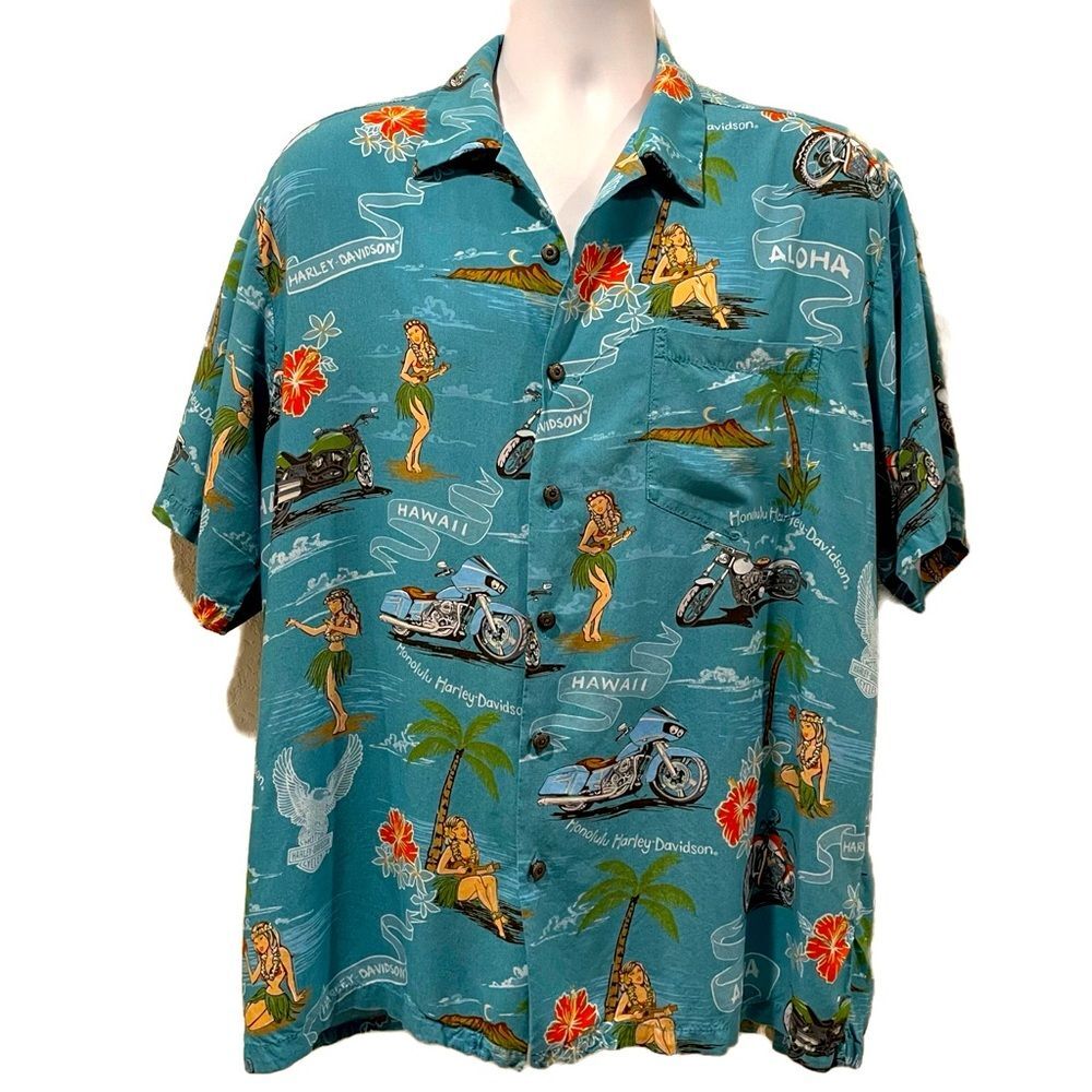 Harley Davidson Hawaiian Button Front Collared Blue Shirt Sz XL